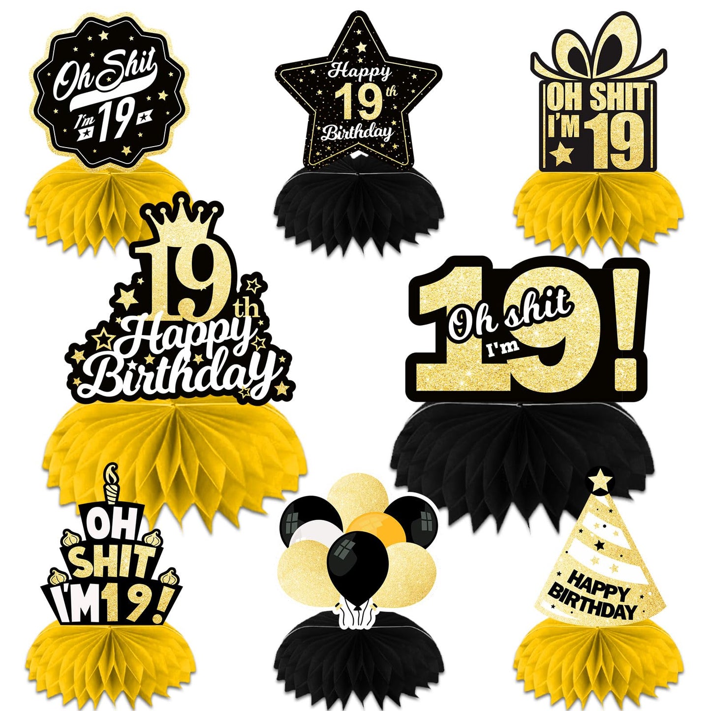 Oh S*it I’m 19 Happy 19th Birthday Honeycomb Centerpieces Balloons Confetti Theme Table Toppers Hello 19 Table Decorations Funny Birthday Decor