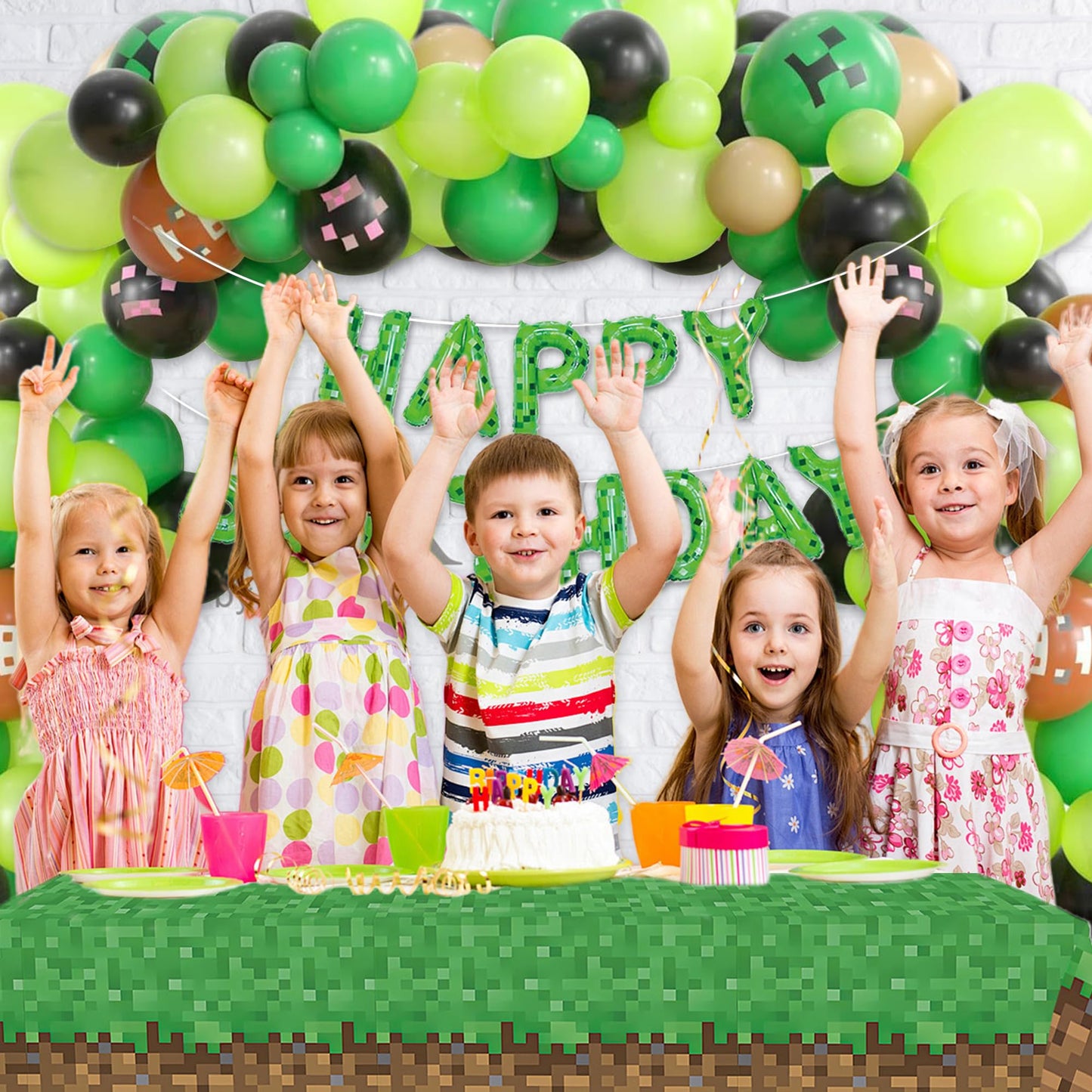 Pixel Miner Birthday Balloon Arch Kit - 121 Pcs Green Black Brown Balloons with Table Cover & Banner for Video Game Birthday Party Decorations