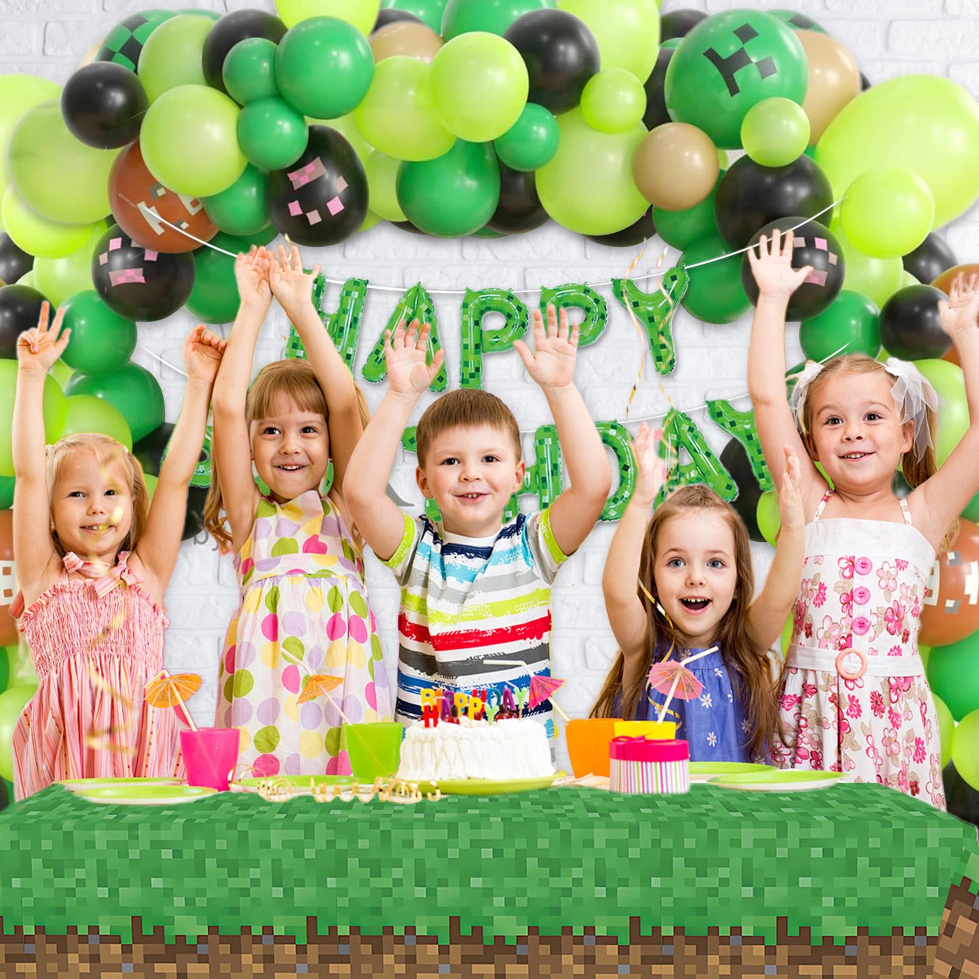 Pixel Miner Birthday Balloon Arch Kit - 121 Pcs Green Black Brown Balloons with Table Cover & Banner for Video Game Birthday Party Decorations