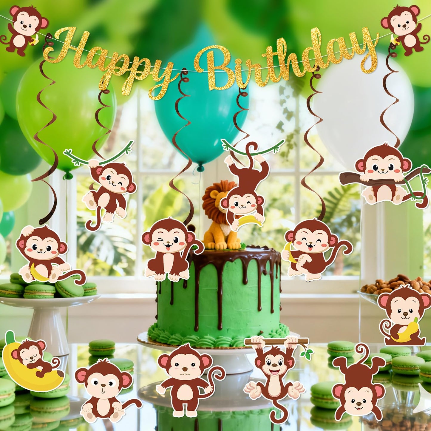 Monkey Birthday Decorations Monkey Birthday Banner Hanging Swirls Stickers Monkey Party Decorations Banana Birthday Decorations Monkey Monkey Decor
