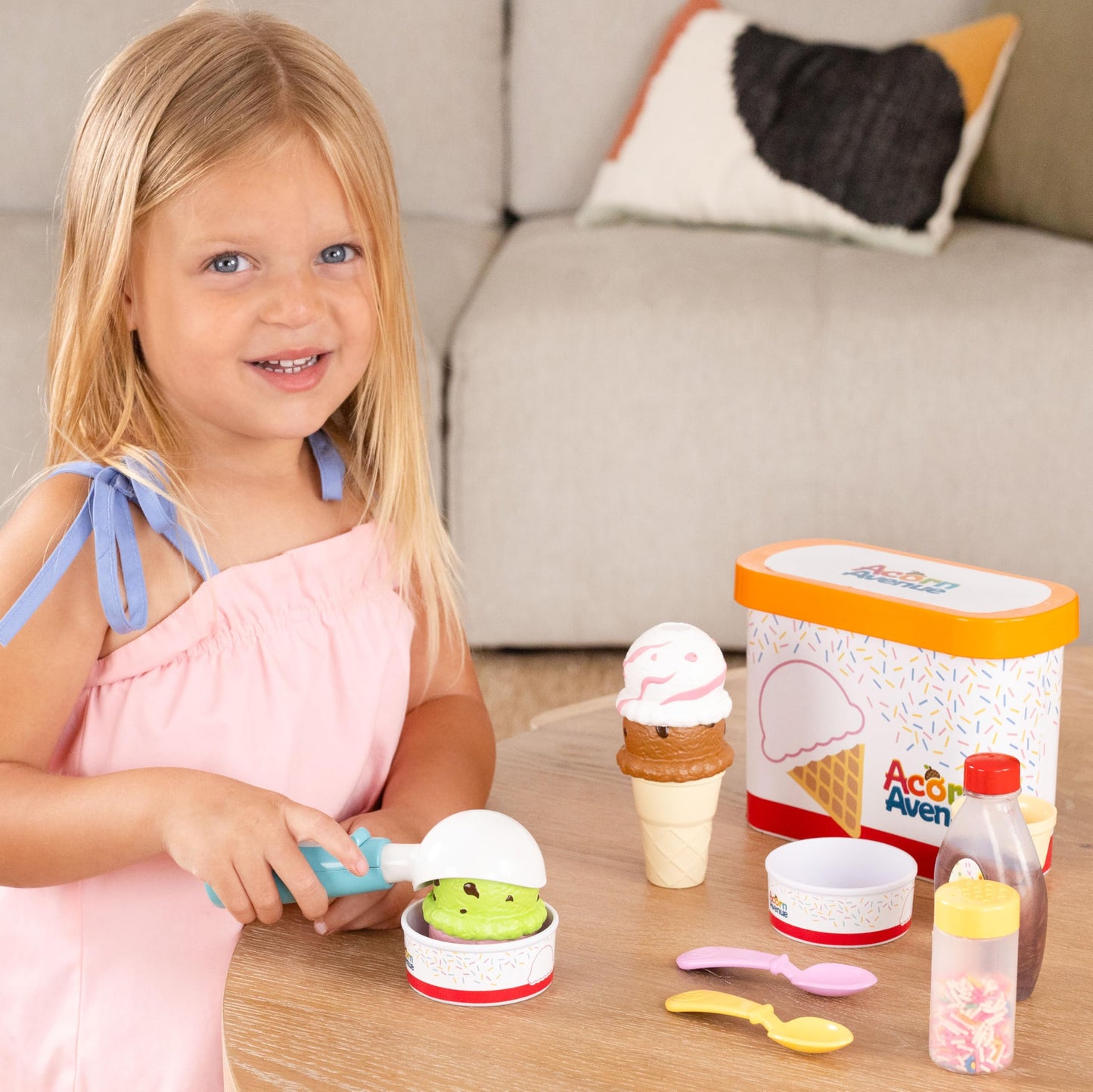 Play Food Sets for Kids Kitchen Toys, Sweet Scoops Ice Cream Playset, Pretend Dessert Set with Cones, Cups, Scooper, Toppings & Container, Toy Food