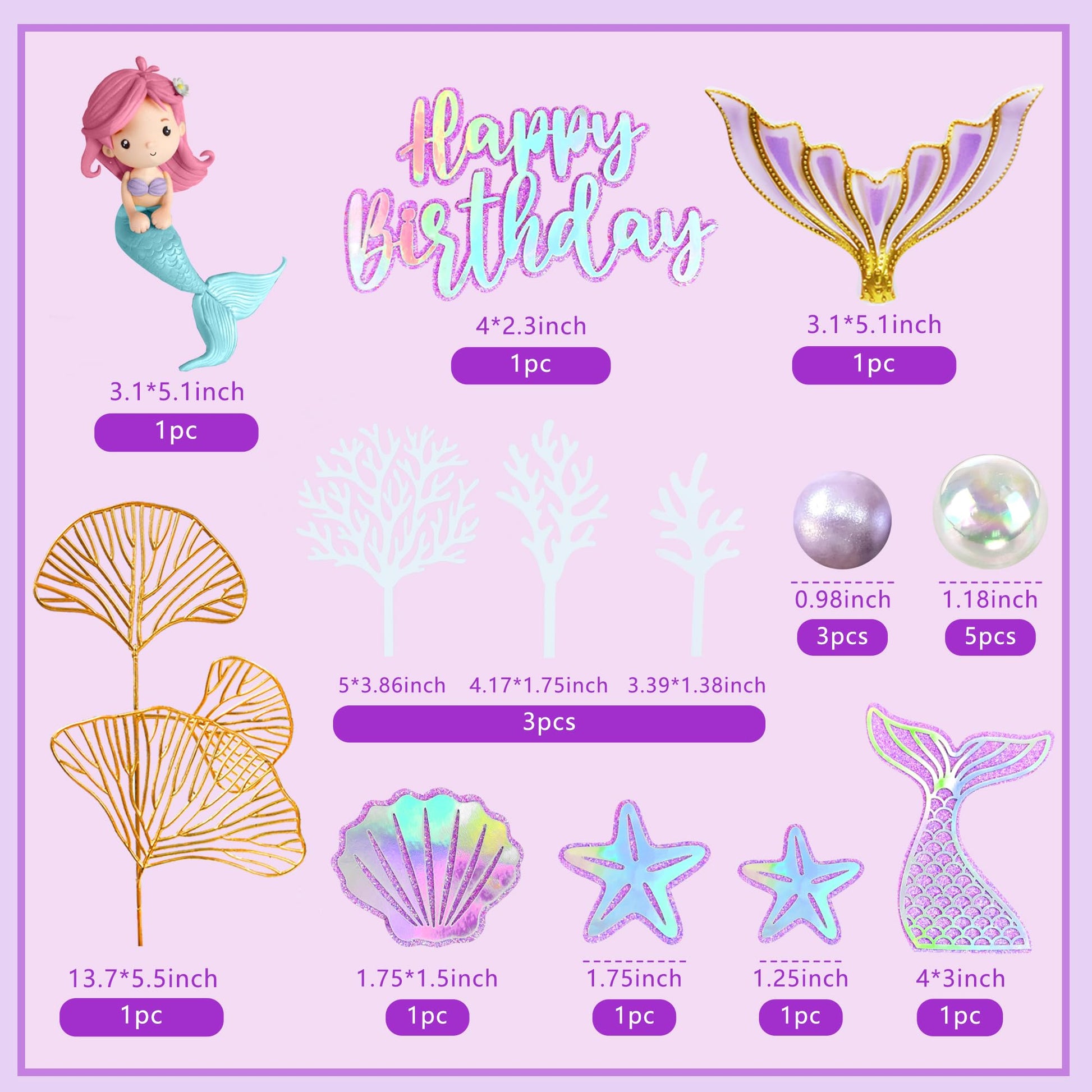 Mermaid Cake Toppers with Shell Starfish Fishtail Balls for Mermaid Birthday Supplies (Style1)