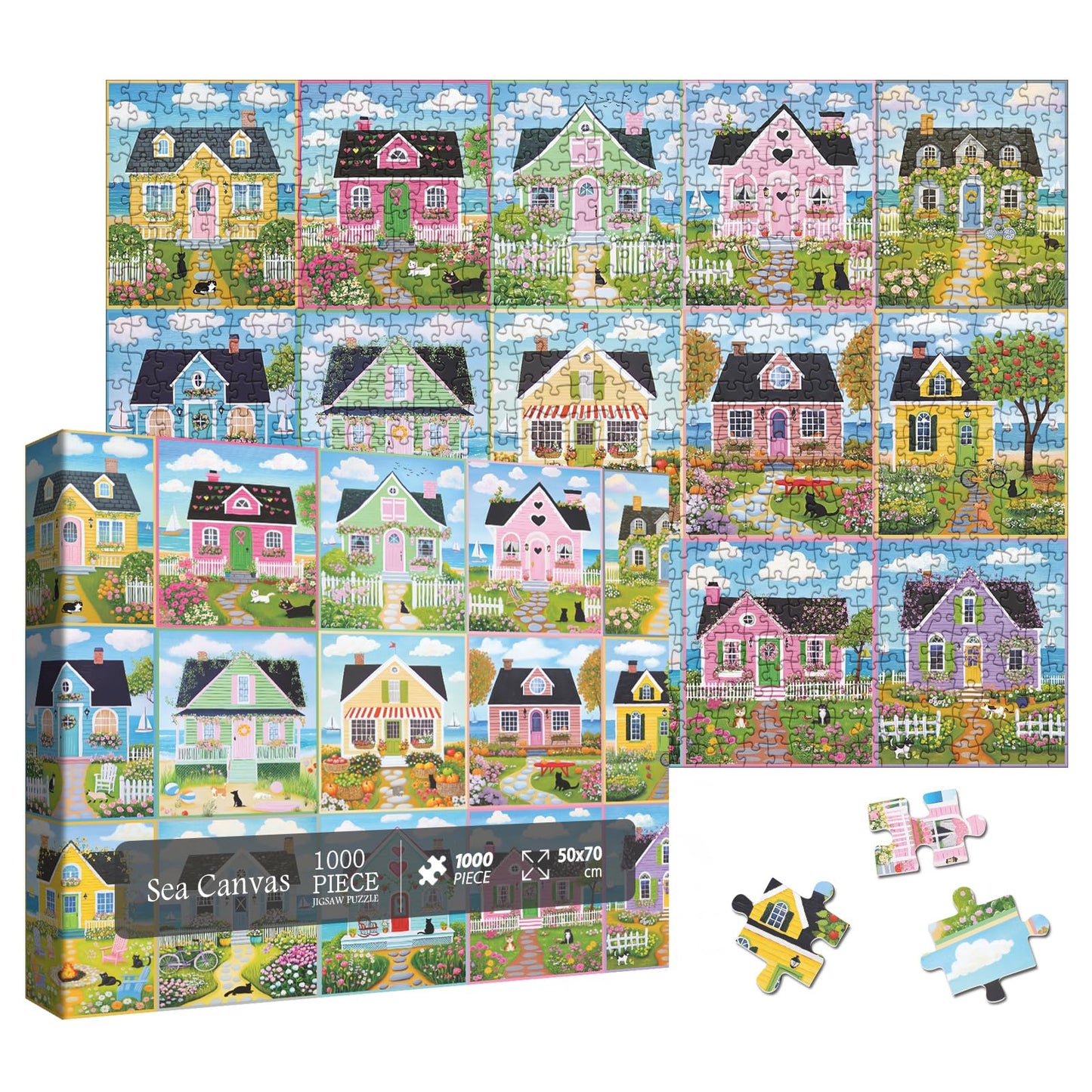 Larkipuzz Summer Seaside Landscape Puzzles for Adults 1000 Pieces, Colorful Garden Flower Plant Cabin Jigsaw Puzzles, Beautiful Nature Beach House