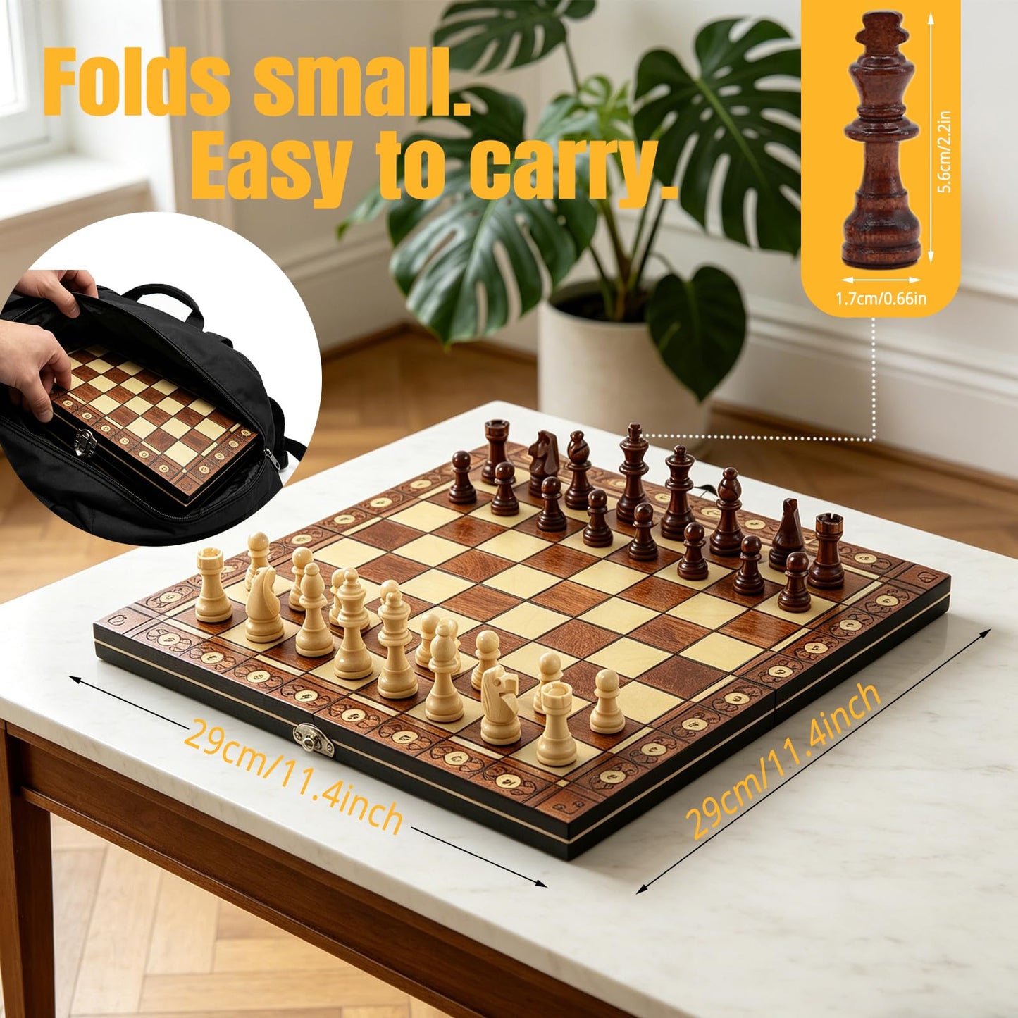 Luoyer 3-in-1 Chess Set Include Chess Checkers Backgammon 11 inch Wooden Board Game Set with Foldable Portable Case for Adults Travel Outdoor
