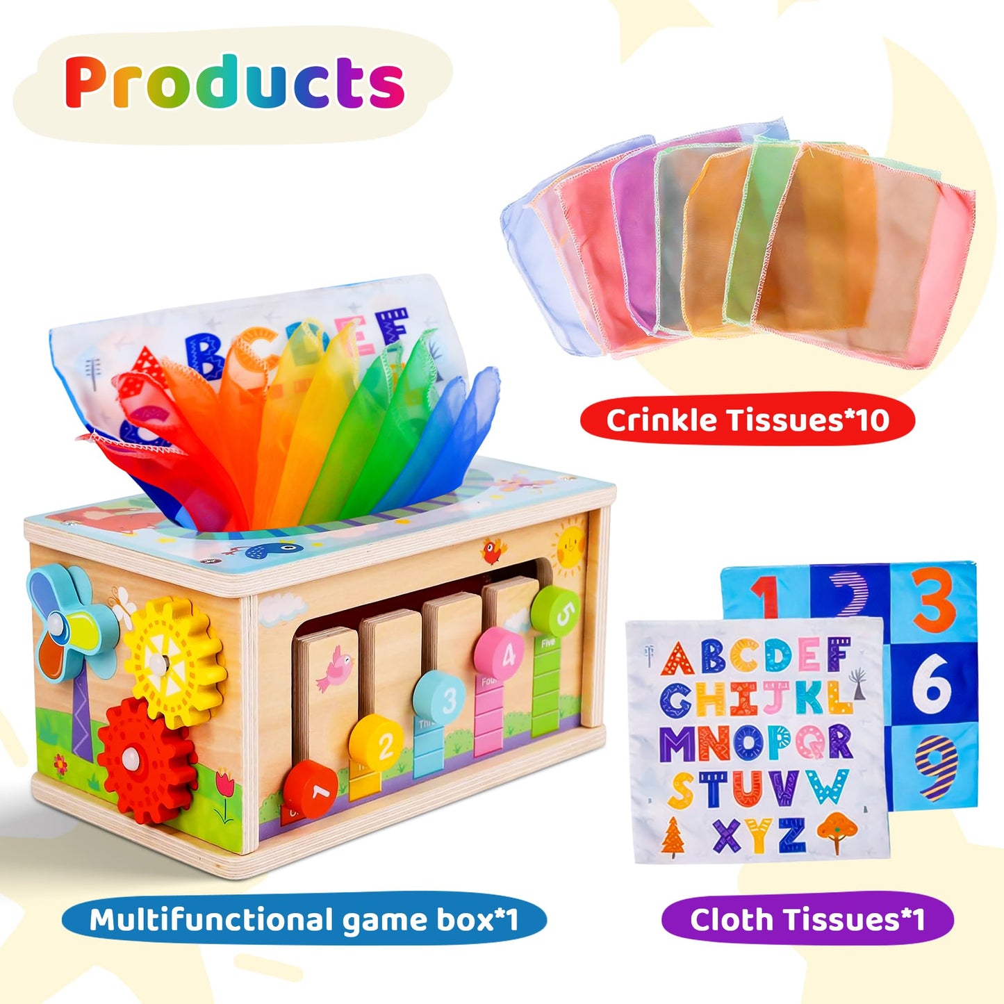 Mummed Montessori Baby Wooden Tissue Box Christmas Toy 6-in-1 Sensory Tissue Box Toy for Babies 36+ Months Developmental Toys for Babies, for 36+