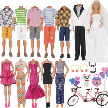 EuTengHao 30Pcs Doll Clothes and Accessories for 12 inch Boy and Girl Doll Includes 12 Set Wear Clothes Jeans and Wedding Dresses Tandem Bike Glasses