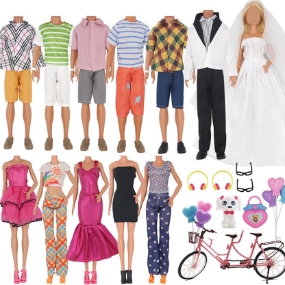 EuTengHao 30Pcs Doll Clothes and Accessories for 12 inch Boy and Girl Doll Includes 12 Set Wear Clothes Jeans and Wedding Dresses Tandem Bike Glasses