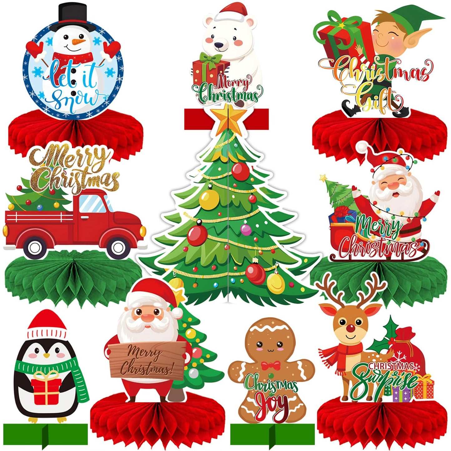 10 Pcs Christmas Honeycomb Centerpieces - Xmas Holiday Honeycomb Table Toppers for Dining Table, Classroom, Office, and Home Décor