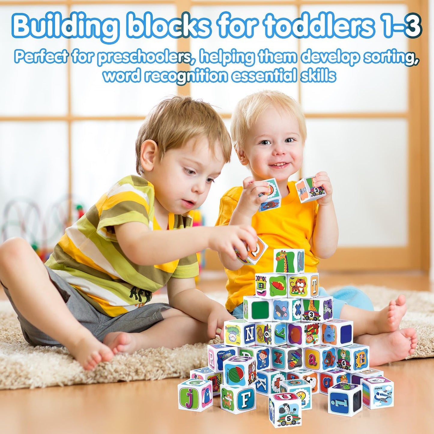 PLAY ABC Building Blocks for Toddlers 1-3, 28 PCS Plastic Baby Alphabet Letters Number Stacking Blocks Set, Preschool Learning Educational Montessori