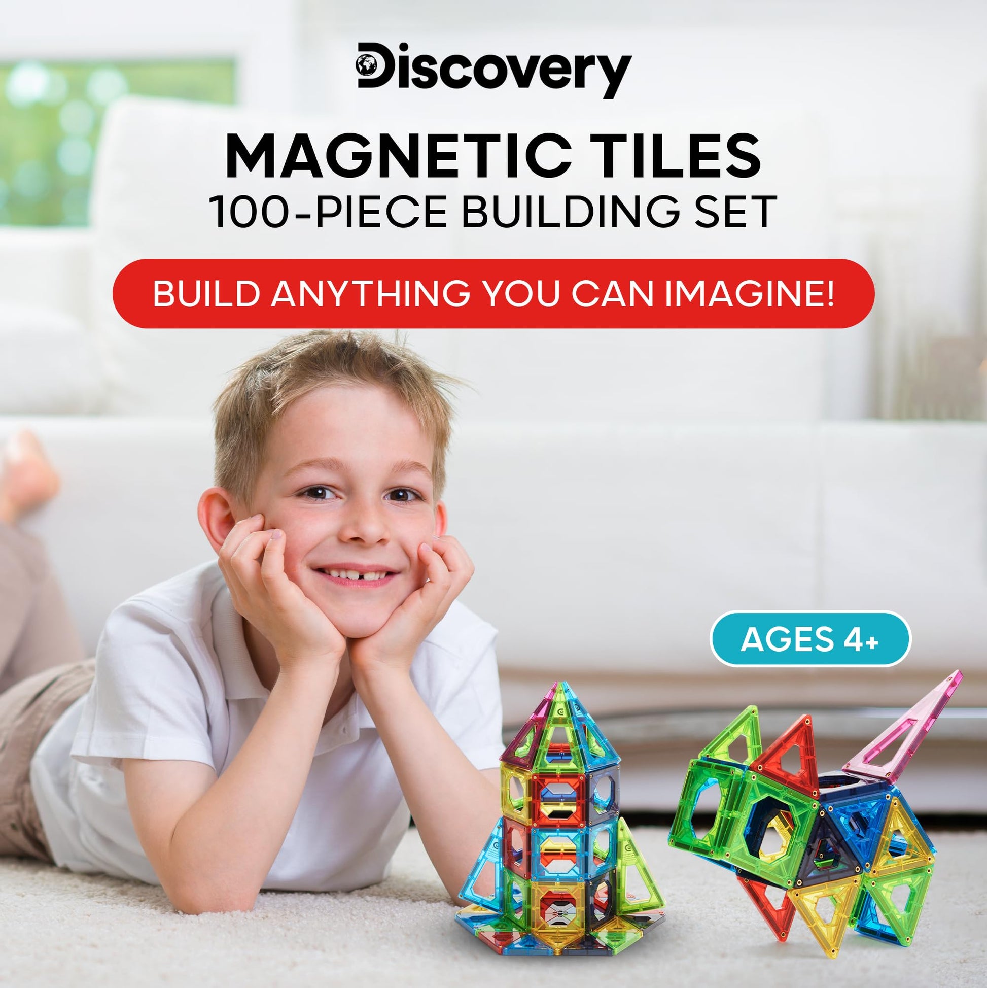 Discovery 100-Piece 3D Magnetic Tiles Set, Educational STEM Kids Toys, Ages 4+, Construction Building Block Creativity Kit, Engineering Development