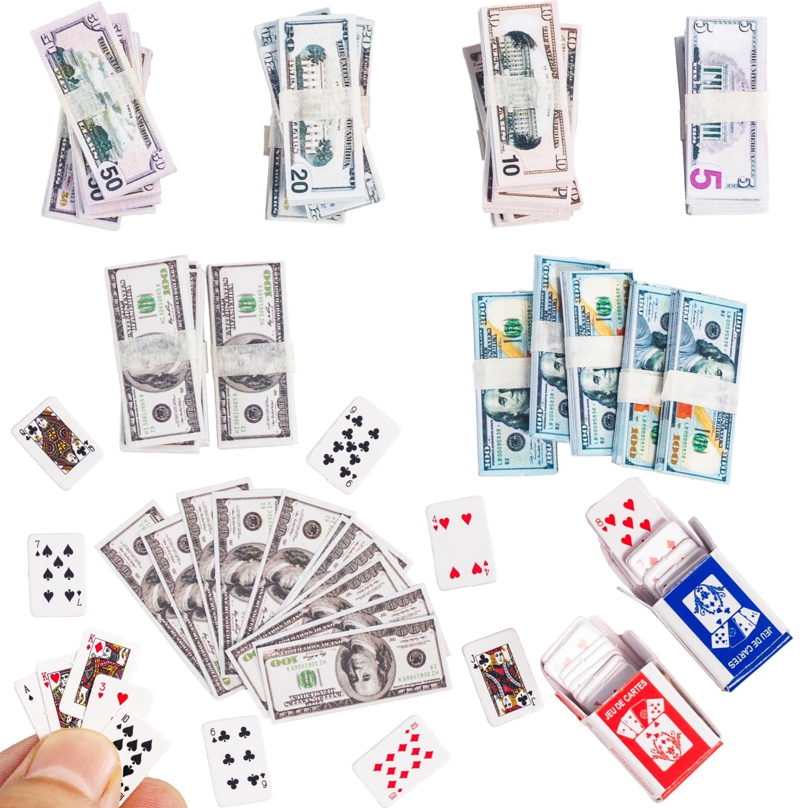 SAMCAMI Miniature Dollhouse Accessories, 600 Pcs Mini Dollars Fake Money and Mini Playing Cards, Mini Prop Money Realistic, Mini Stuff