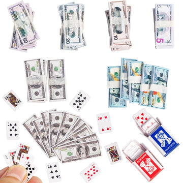 SAMCAMI Miniature Dollhouse Accessories, 600 Pcs Mini Dollars Fake Money and Mini Playing Cards, Mini Prop Money Realistic, Mini Stuff