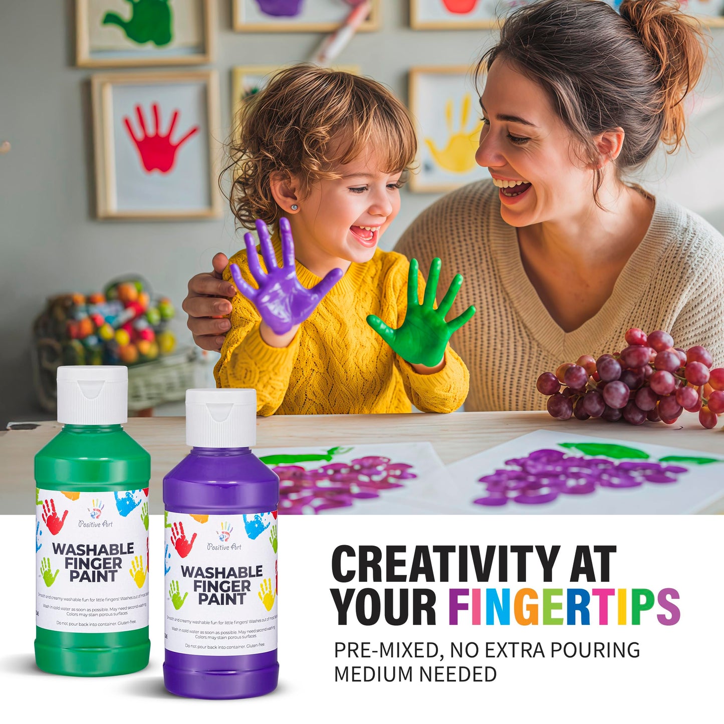 Washable Finger Paint for Kids (6 Colors, 4 fl oz Each) Made in USA - Non-Toxic, Easy Soap-and-Water Cleanup, Smooth Creamy Texture - Toddler