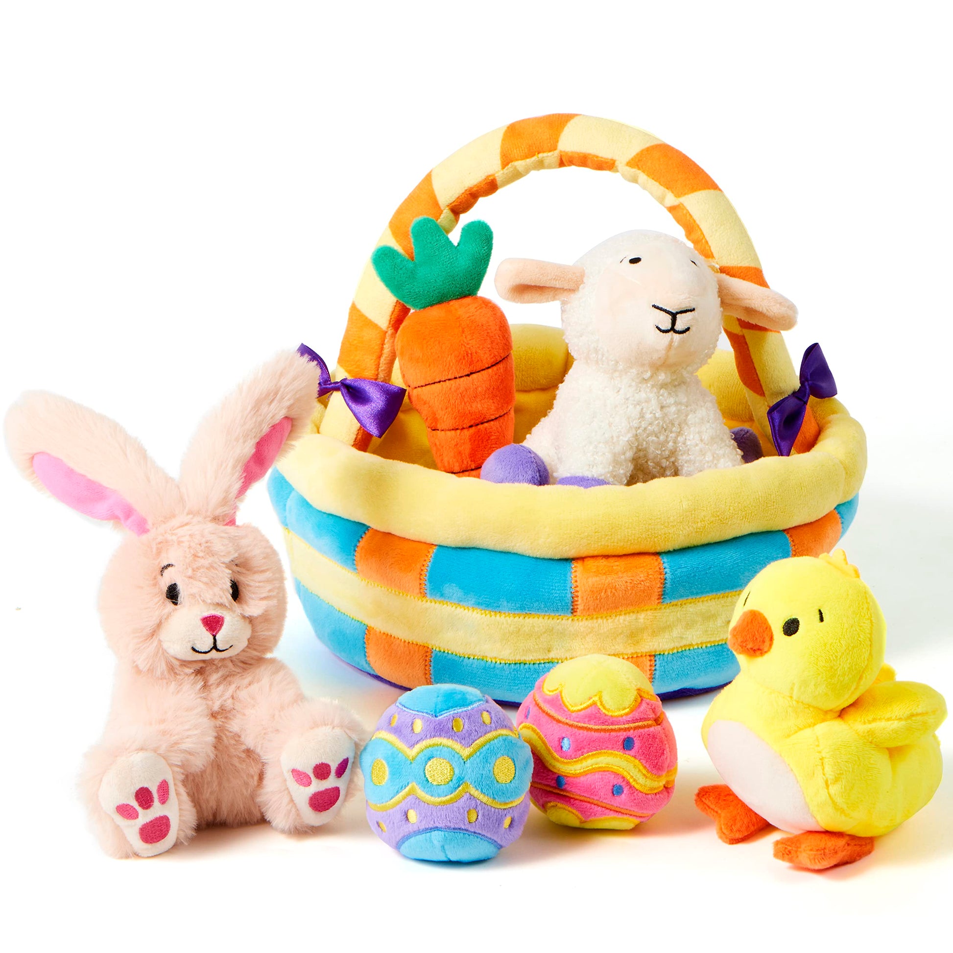 JOYIN 7 PCS Easter Basket Plush Playset Stuffers with Lamb Bunny Chick Carrot Egg Toys, Easter Party Favors Decorations Gifts Supplies for Baby Girls
