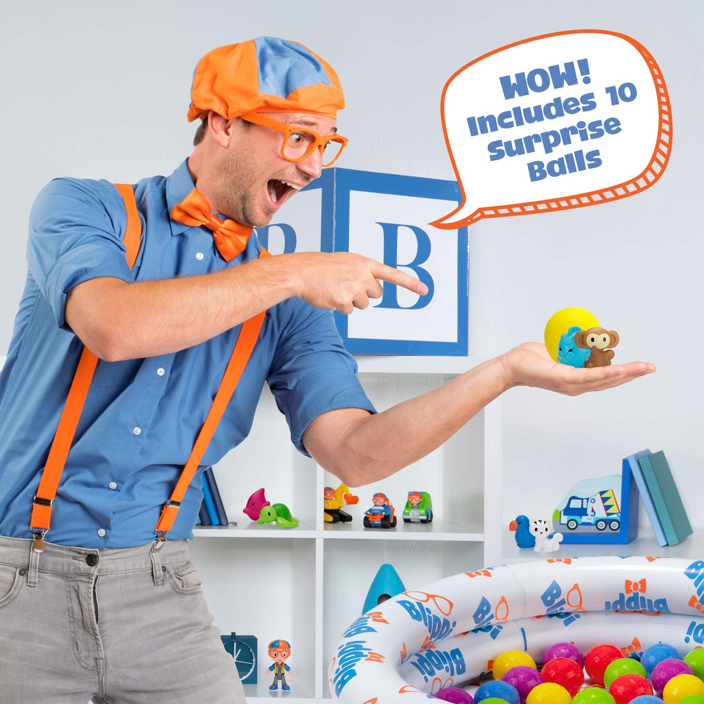 Blippi Ball Pit Mystery Adventure, Featuring Portable Indoor/Outdoor Inflatable Ball Pit, 35 Plastic Balls, 10 Surprise Balls with 10 Accessories