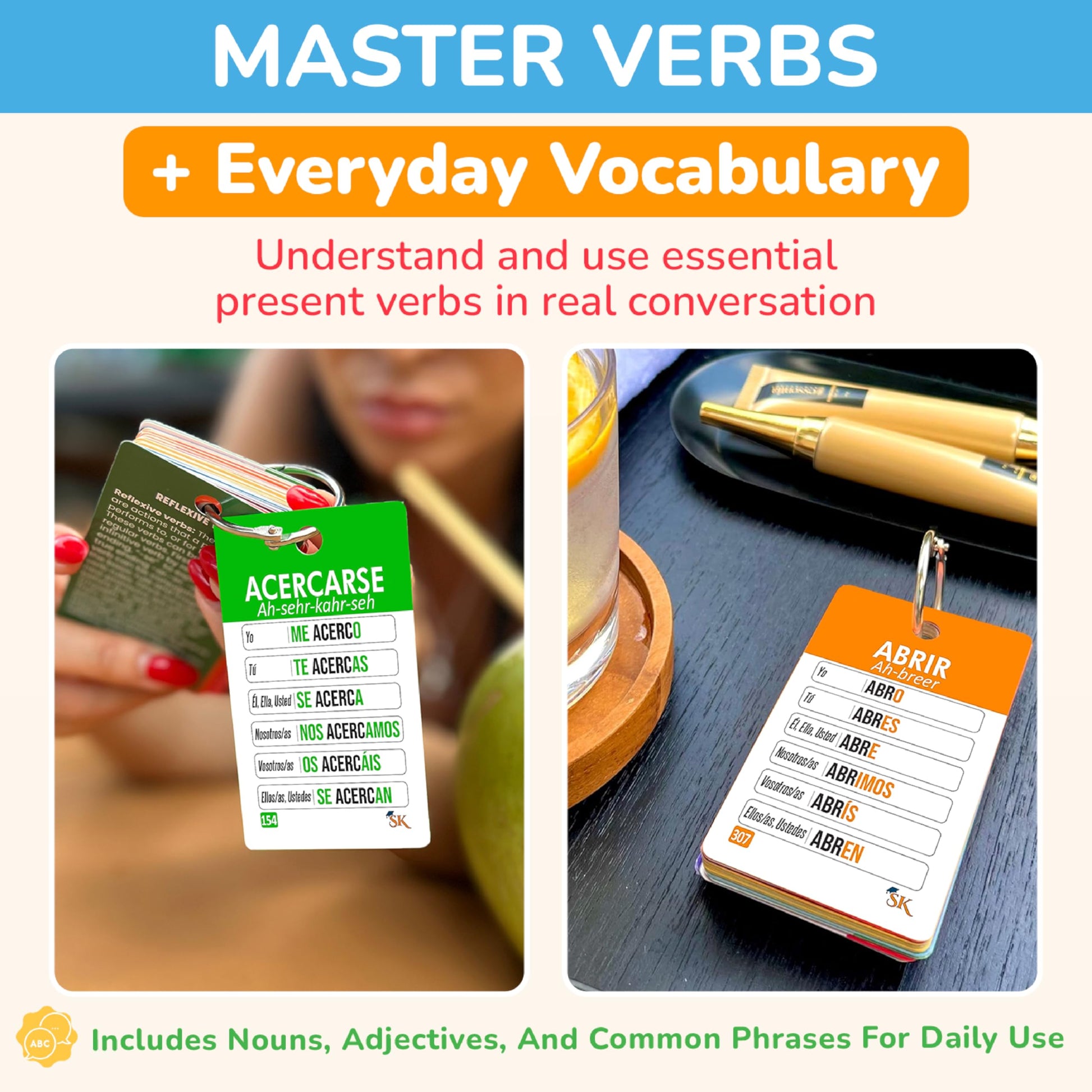500+ Spanish Vocabulary Flash Cards for Adults & Kids Ages 15+ - Verb Conjugation, Nouns, Adjectives & Phrases to Learn Spanish for Adult Beginners