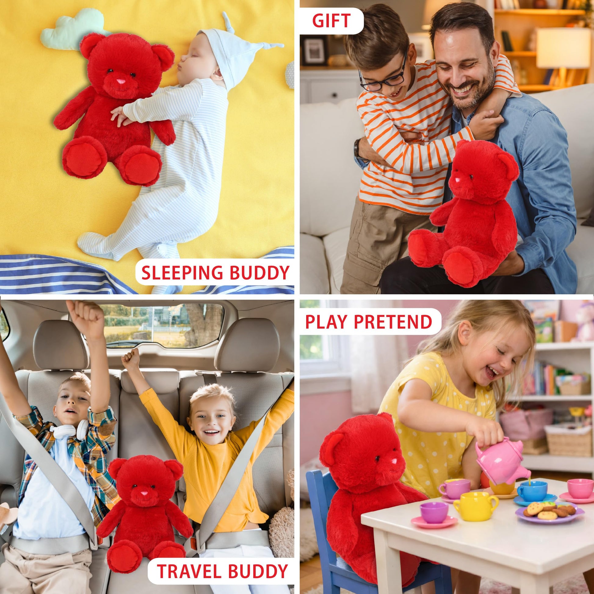 DolliBu Red Bear Stuffed Animal - Super Soft Huggable Red Wild Animal Bear Plush Toy Gift for Kids and Adults - 10 Inches
