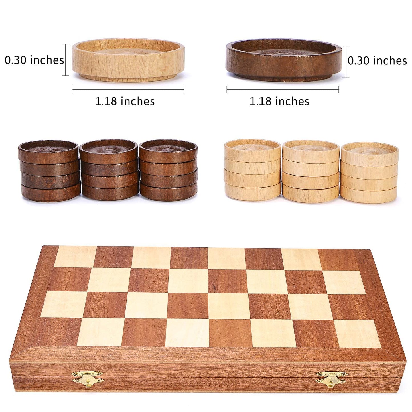 VAMSLOVE 14inch Checkers Folding Wooden Game Set, 8x8 Classic Checkerboard International Checkers Draughts Board 64 Square with Pieces Storage Slots