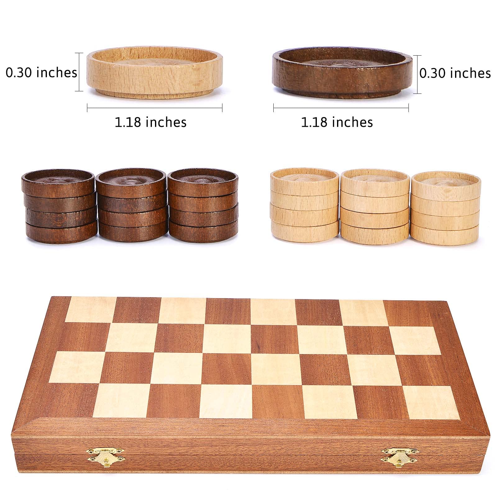 VAMSLOVE 14inch Checkers Folding Wooden Game Set, 8x8 Classic Checkerboard International Checkers Draughts Board 64 Square with Pieces Storage Slots