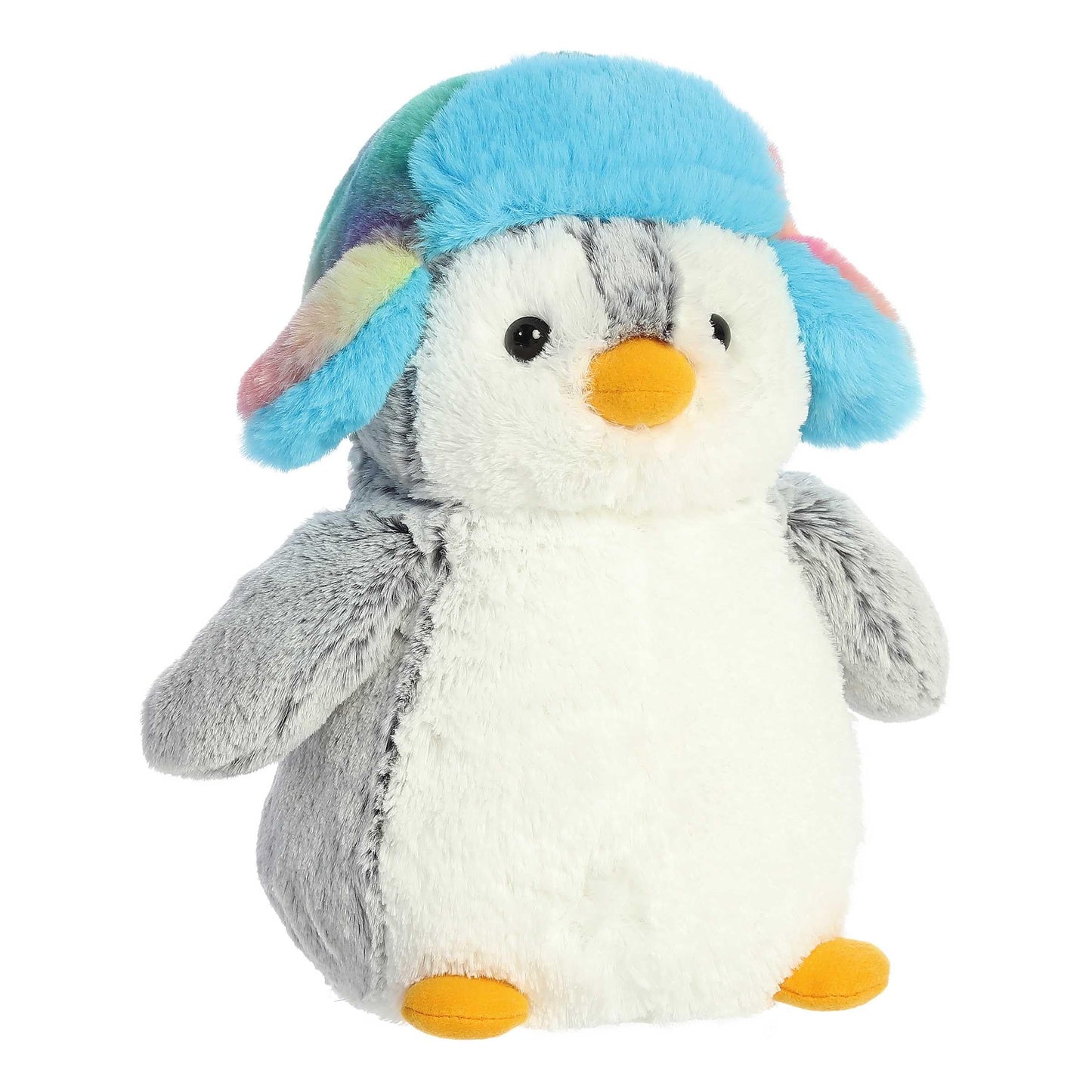 Aurora Festive Pompom Penguin Pom Pom Rainbow Trapper Stuffed Animal - Vibrant Companions - Endless Fun - Gray 9 Inches