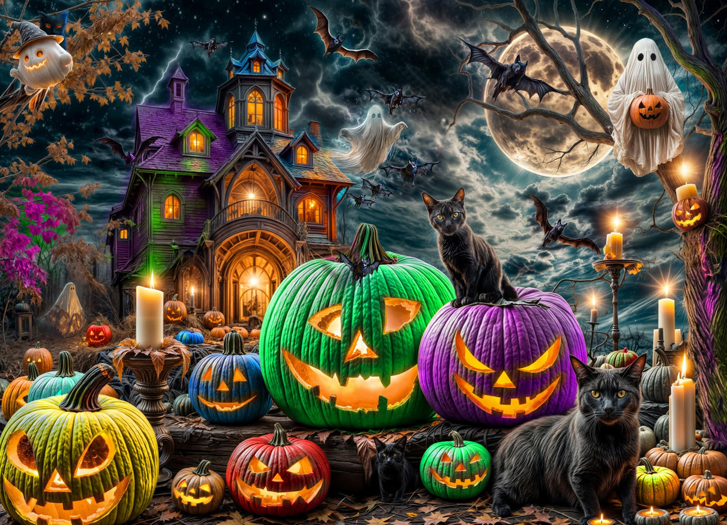 Halloween Puzzle 1000 Pieces for Adults - Gothic Puzzle with Haunted Houses, Ghosts, Pumpkins, Black Cats - Halloween Jigsaw Puzzles - 'Spooky Night'