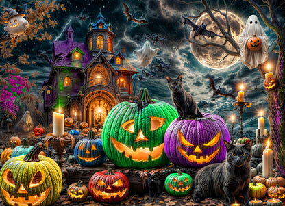 Halloween Puzzle 1000 Pieces for Adults - Gothic Puzzle with Haunted Houses, Ghosts, Pumpkins, Black Cats - Halloween Jigsaw Puzzles - 'Spooky Night'