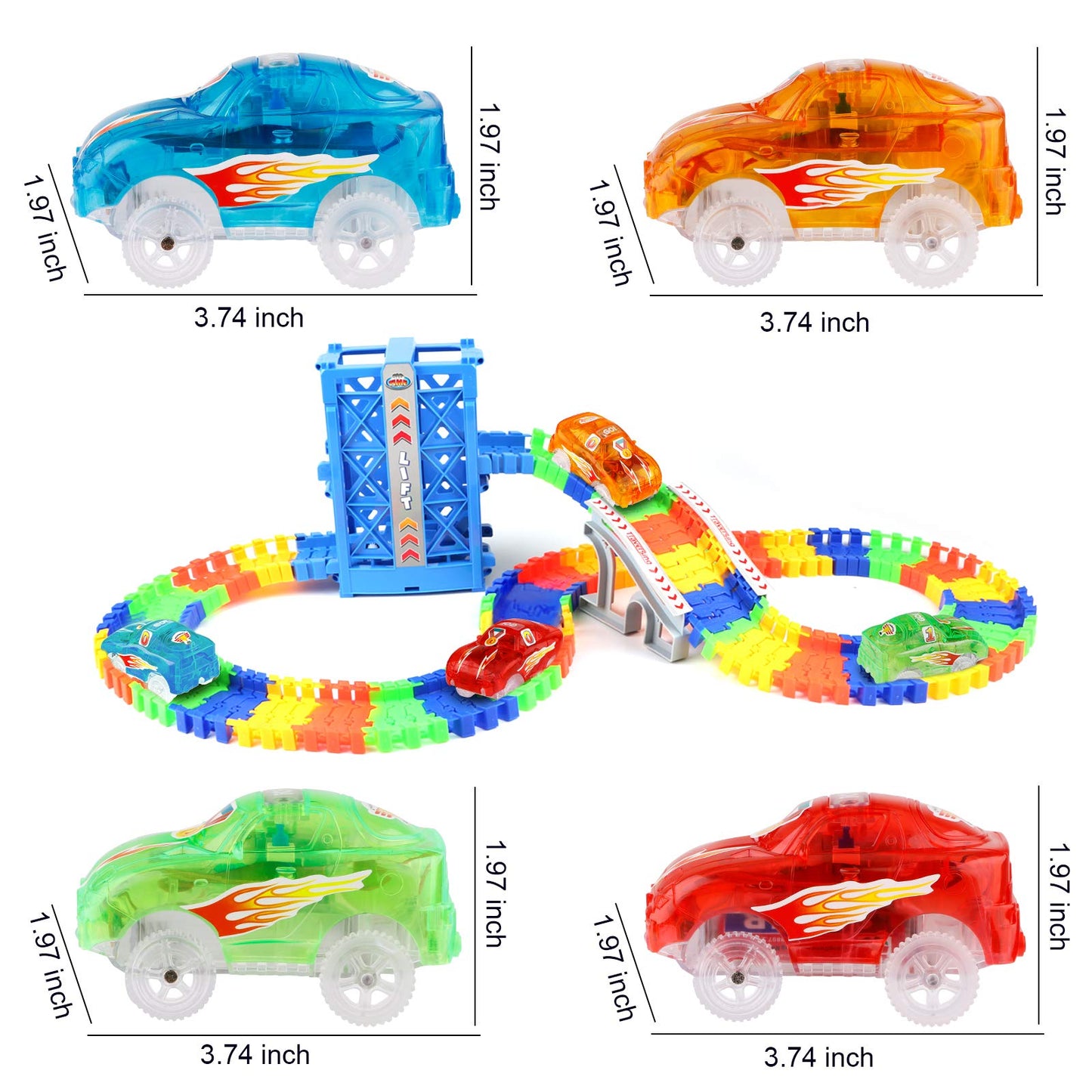 4pcs Tracks Cars Replacement Only - Light Up Magic Cars for Tracks Compatible with Glow in the Dark Toy Cars with 5 Led Flashing Lights for Most Race