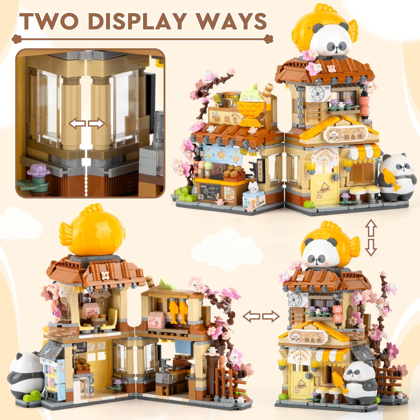 Finger Rock Street View Mini City Taiyaki Shop Building Set, Cute Panda Animals Building Toys Creative Architecture Set, Ideas Gifts for Adults Teens