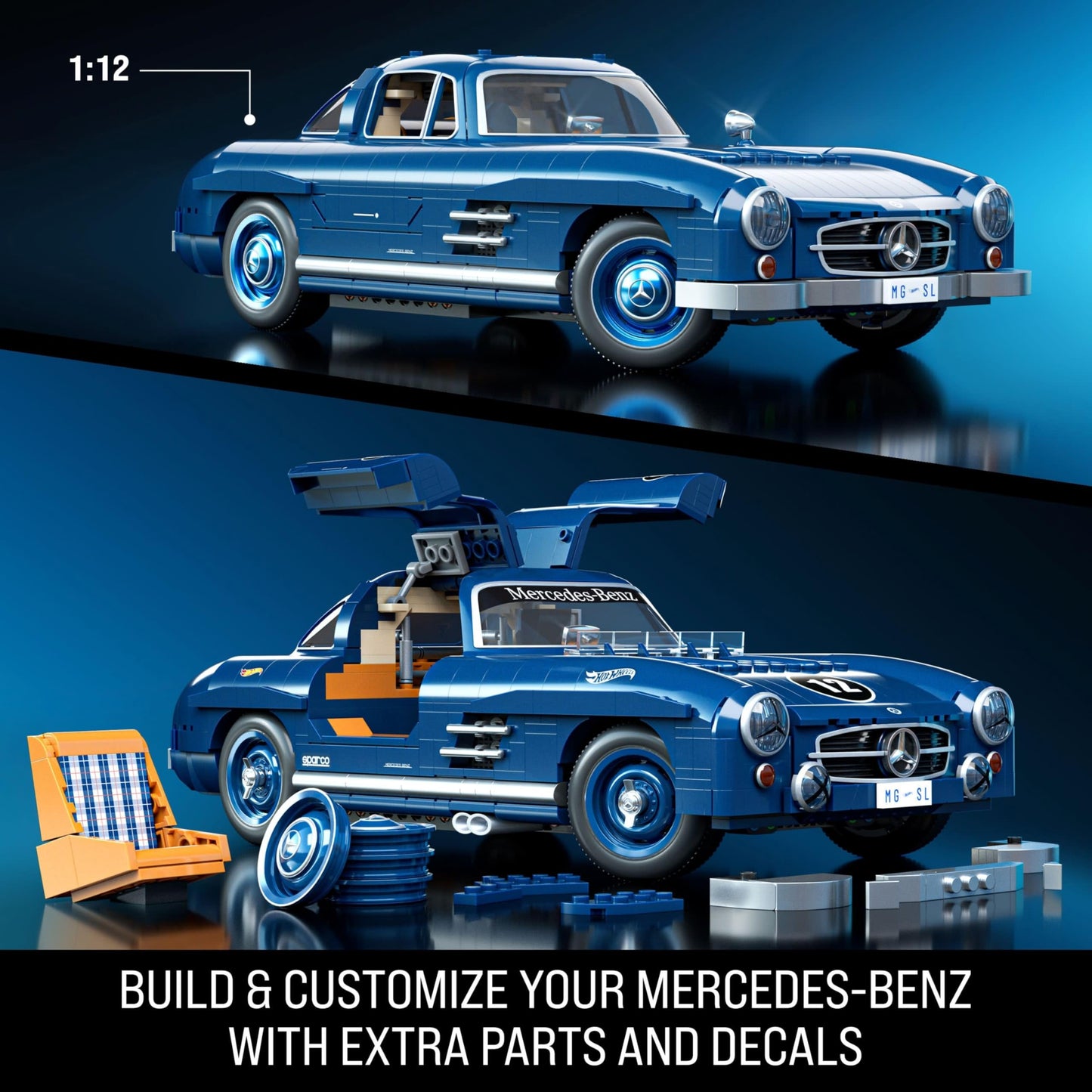Mattel Brick Shop Hot Wheels Premium Series Building Set, Mercedes-Benz 300 SL with 1600 Pieces, Realistic Details and Metal Parts, Adult Collectors
