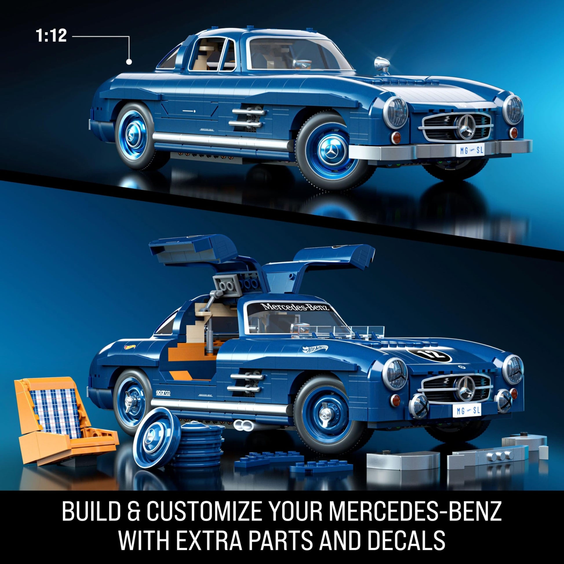 Mattel Brick Shop Hot Wheels Premium Series Building Set, Mercedes-Benz 300 SL with 1600 Pieces, Realistic Details and Metal Parts, Adult Collectors