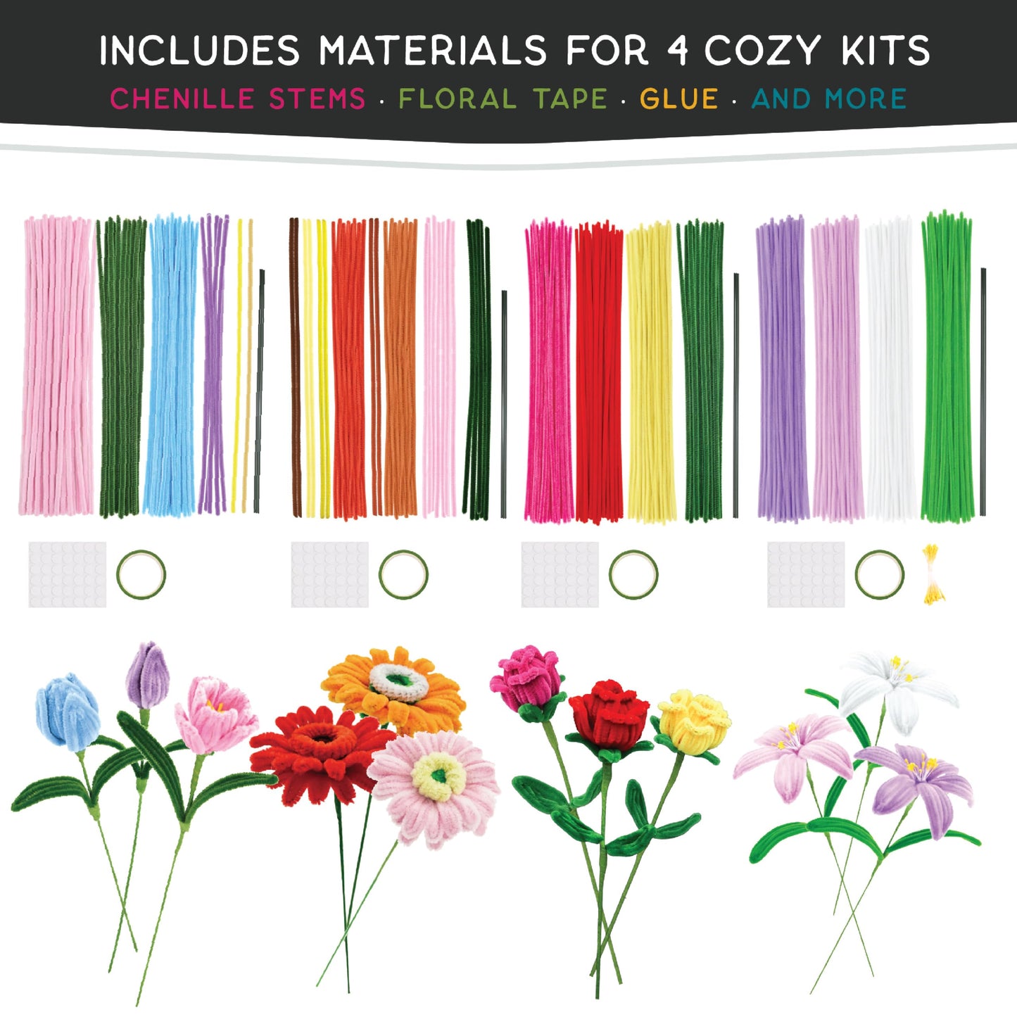 WeVeel Cozy Craftworks Chenille Stem Flower Craft Kit for Adults - CC 4 Flowers Bundle - Relaxing DIY Arts & Crafts Kit with All Supplies