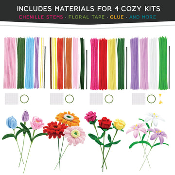 WeVeel Cozy Craftworks Chenille Stem Flower Craft Kit for Adults - CC 4 Flowers Bundle - Relaxing DIY Arts & Crafts Kit with All Supplies