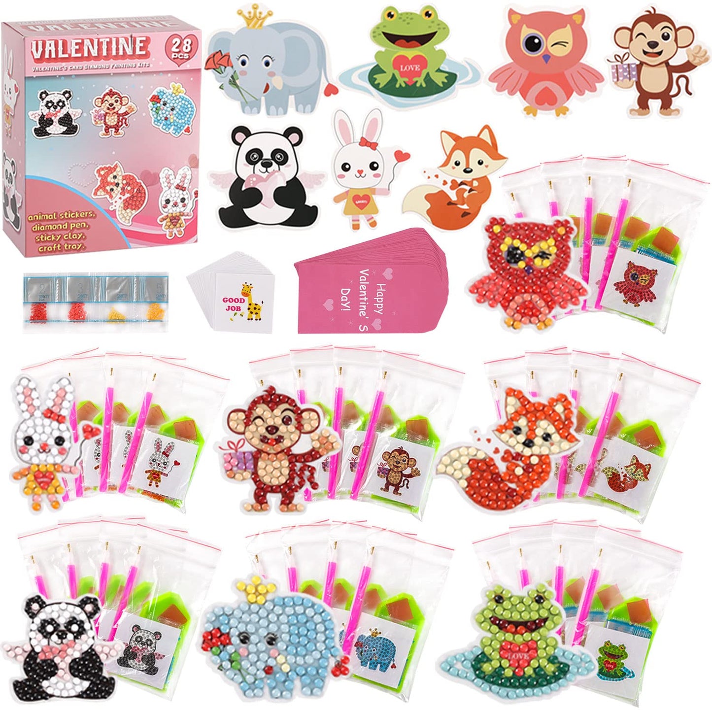 Valentine's Day Cards for Kids - 28pcs Diamond Animal Craft Kits With 7 Different Gem Stickers for School Classroom Exchange Gifts and Decorations