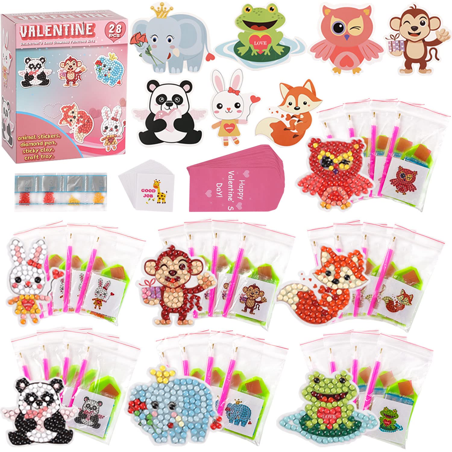 Valentine's Day Cards for Kids - 28pcs Diamond Animal Craft Kits With 7 Different Gem Stickers for School Classroom Exchange Gifts and Decorations