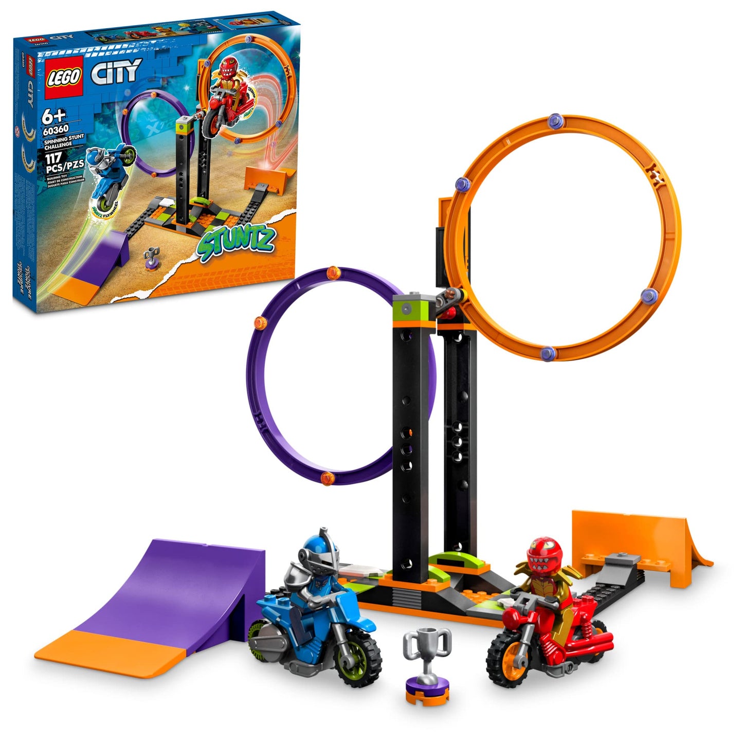 LEGO City Stuntz Spinning Stunt Challenge 60360-1 or 2 Player Tournaments with Flywheel-Powered Motorcycle Toys, Features 2 Minifigures and Ramps, Fun