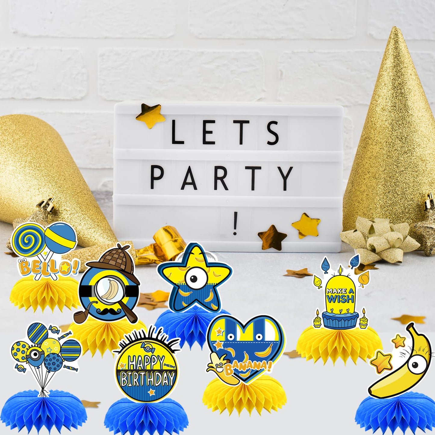 8Pcs Yellow Cartoon Party Supplies Set Honeycomb Centerpieces Double Sided Table Topper for Birthday Decorations
