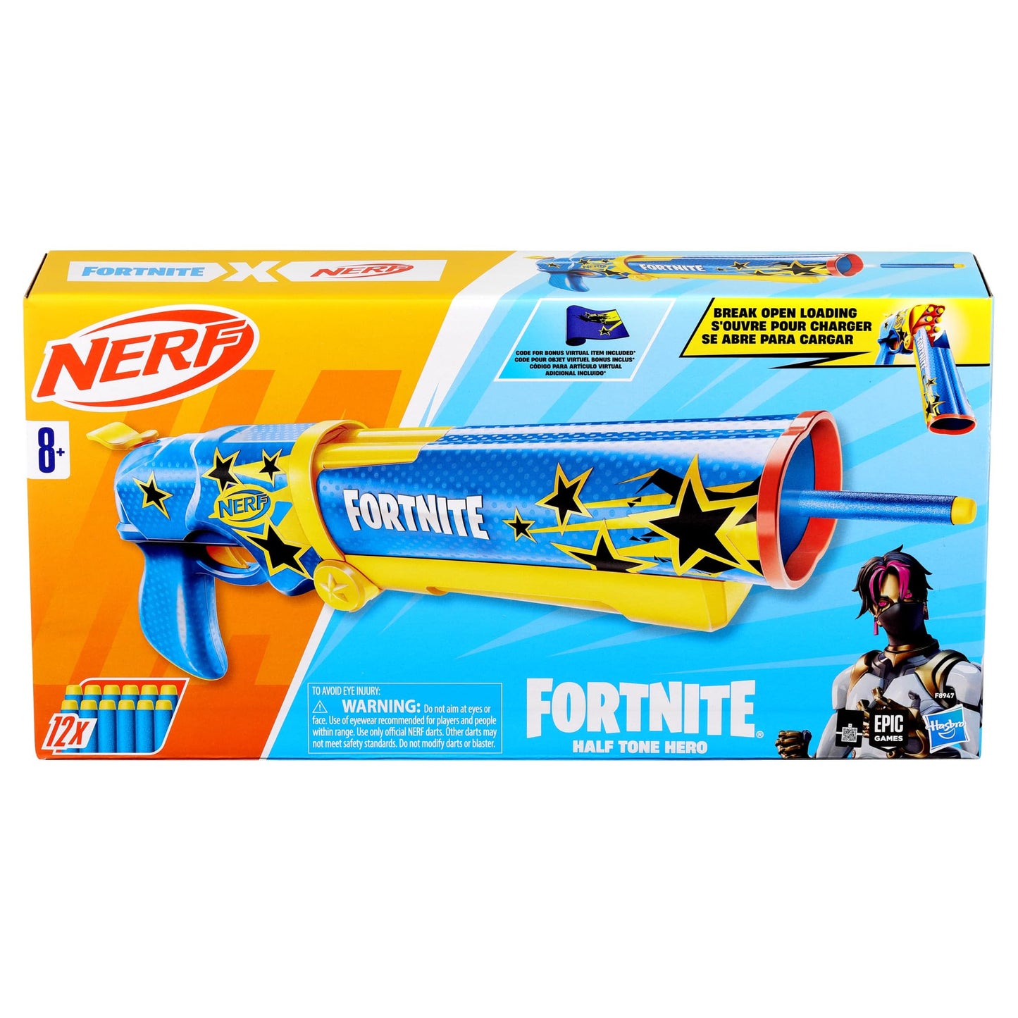 Nerf Fortnite Half Tone Hero Blaster, Bonus Code to Unlock Half Tone Hero Wrap in the Game, Break Open Loading, 12 Nerf Elite Darts, Fortnite Gifts