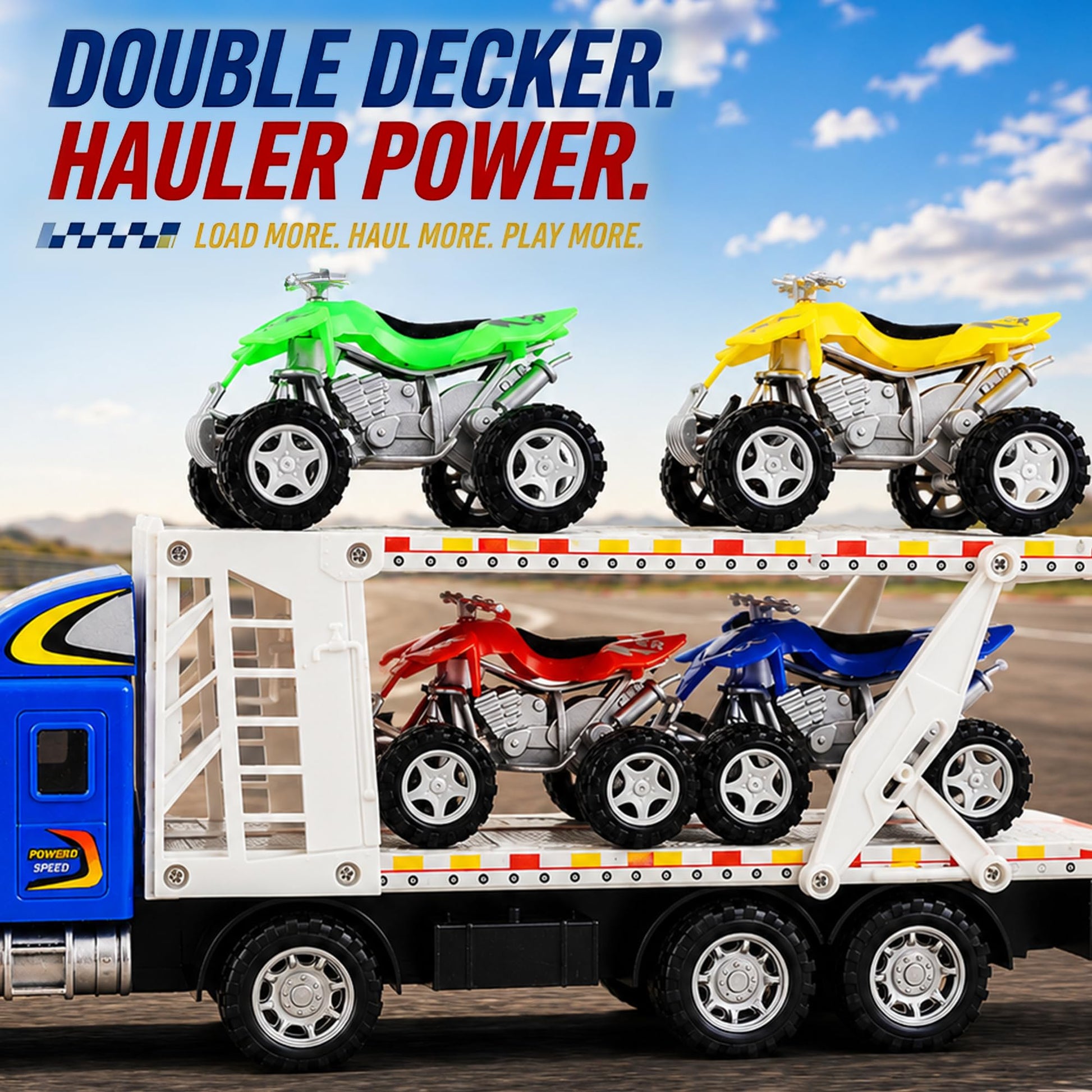 Liberty Imports Auto Hauler Big Rig Toy Semi Truck Car Carrier Transporter Trailer 1:48 Scale Friction Powered Wheeler Vehicle with 4 ATVs Dirt Bike