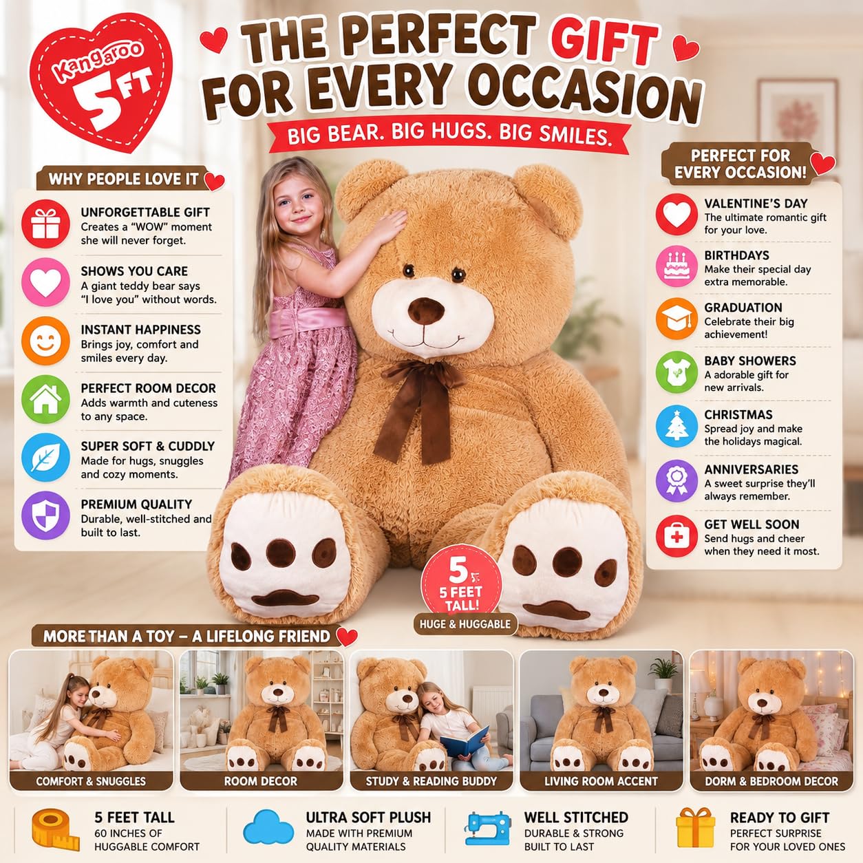 Kangaroo 5ft Giant Teddy Bear Extra Large Stuffed Animal - Giant Brown Plush Toy for Girls & Boys - Big Soft Human Size Jumbo Teddy Bear for Teens