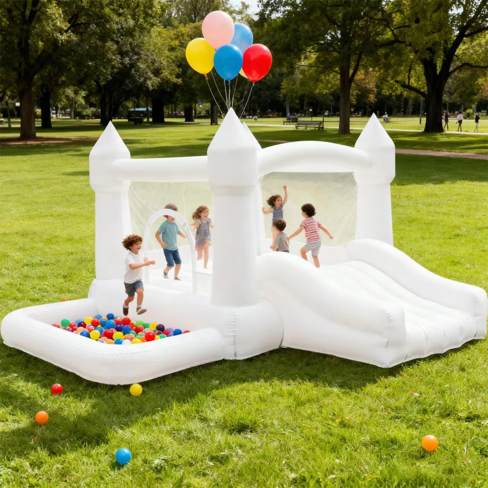 White Inflatable Bounce House Indoor/Outdoor, Jumper with Slide and Water Pool/Ball Pool for Outdoor Garden, Backyard Fun, Perfect for Wedding