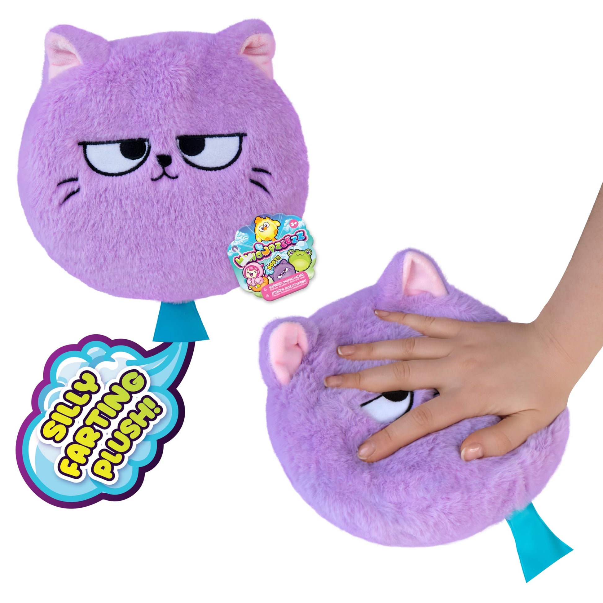 ORB Whoopzeezz Plush Animal Whoopie Cushion Prank Toy - Purple Cat - Adorable Plush Self Inflating Whoopie Cushions for Kids - Squeeze for Silly