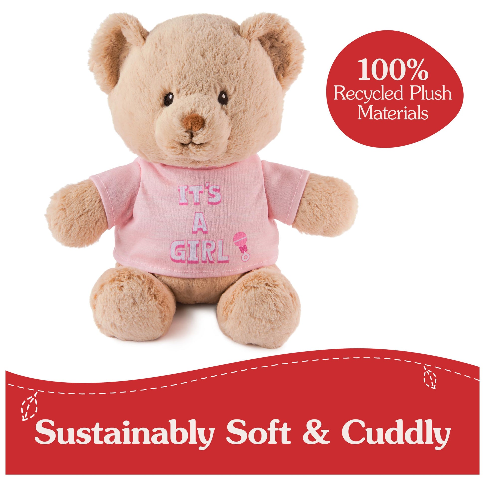 GUND “It's a Girl” Sustainable Message Bear with Pink T-Shirt, Teddy Bear Made from 100% Recycled Materials for Ages 1 and Up, Tan, 12”