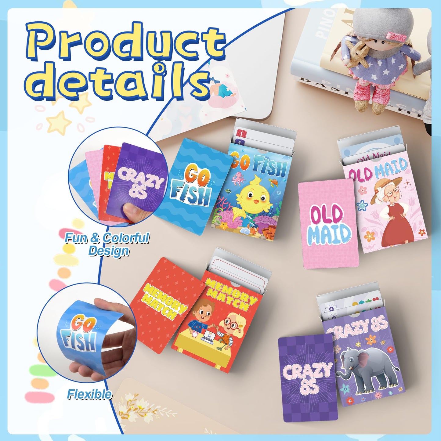 Kids Card Games, Go Fish, Old Maid, Memory Match and Crazy 8s, Go Fish Card Game for Kids 4-8, Fun Toddler Card Games for Family Game Night Party