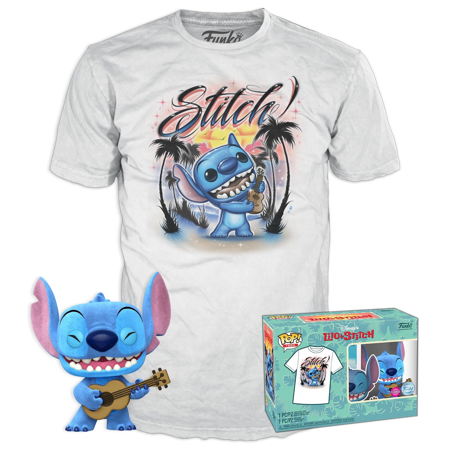 Funko Pop! &Tee: Lilo and Stitch - Ukelele Stitch (Flocked) - Medium - (M) - T-Shirt - Clothes With Collectable Vinyl Minifigure - Gift Idea - Toys