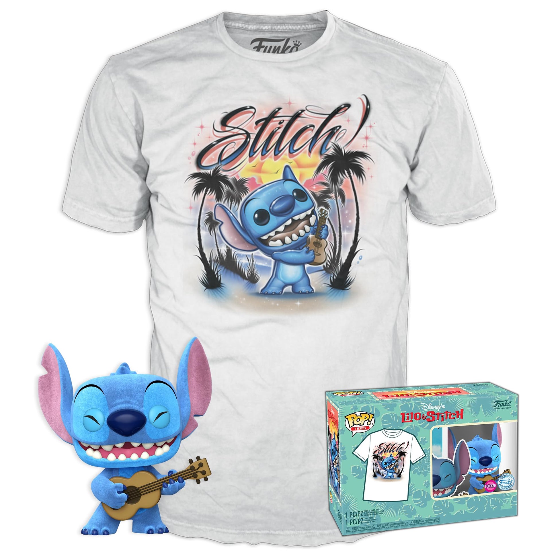 Funko Pop! &Tee: Lilo and Stitch - Ukelele Stitch (Flocked) - Medium - (M) - T-Shirt - Clothes With Collectable Vinyl Minifigure - Gift Idea - Toys