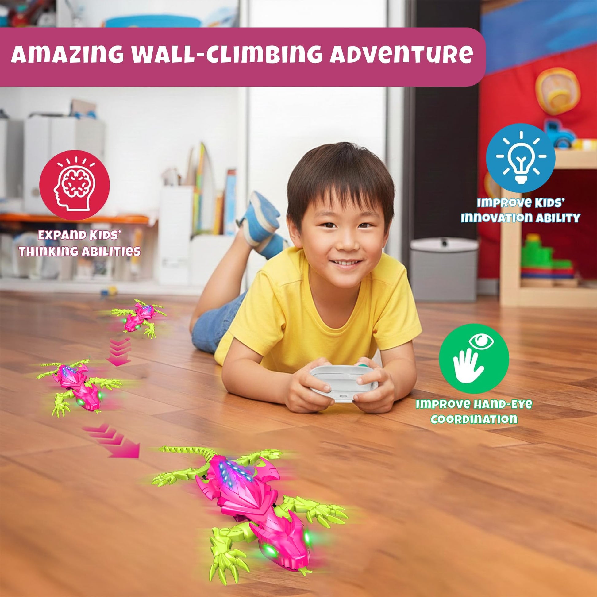 WOROD Wall Climbing Gecko Lizard, Kids Toys Remote Control Car, Rechargeable Wall Crawler Gecko Robot, Boys & Girls Ages 12+, 360° Stunt Crawler, LED