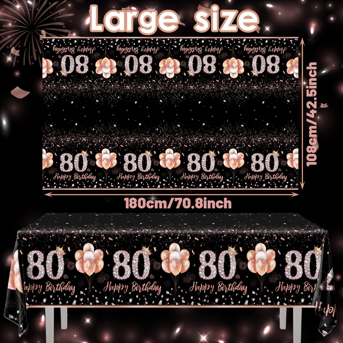 GREHUMOR 3Pcs 80th Birthday Tablecloth Decorations for Women-Rose Gold Pink Table Cloth Happy 80 Birthday Theme Party Supplies Table Cover Plastic