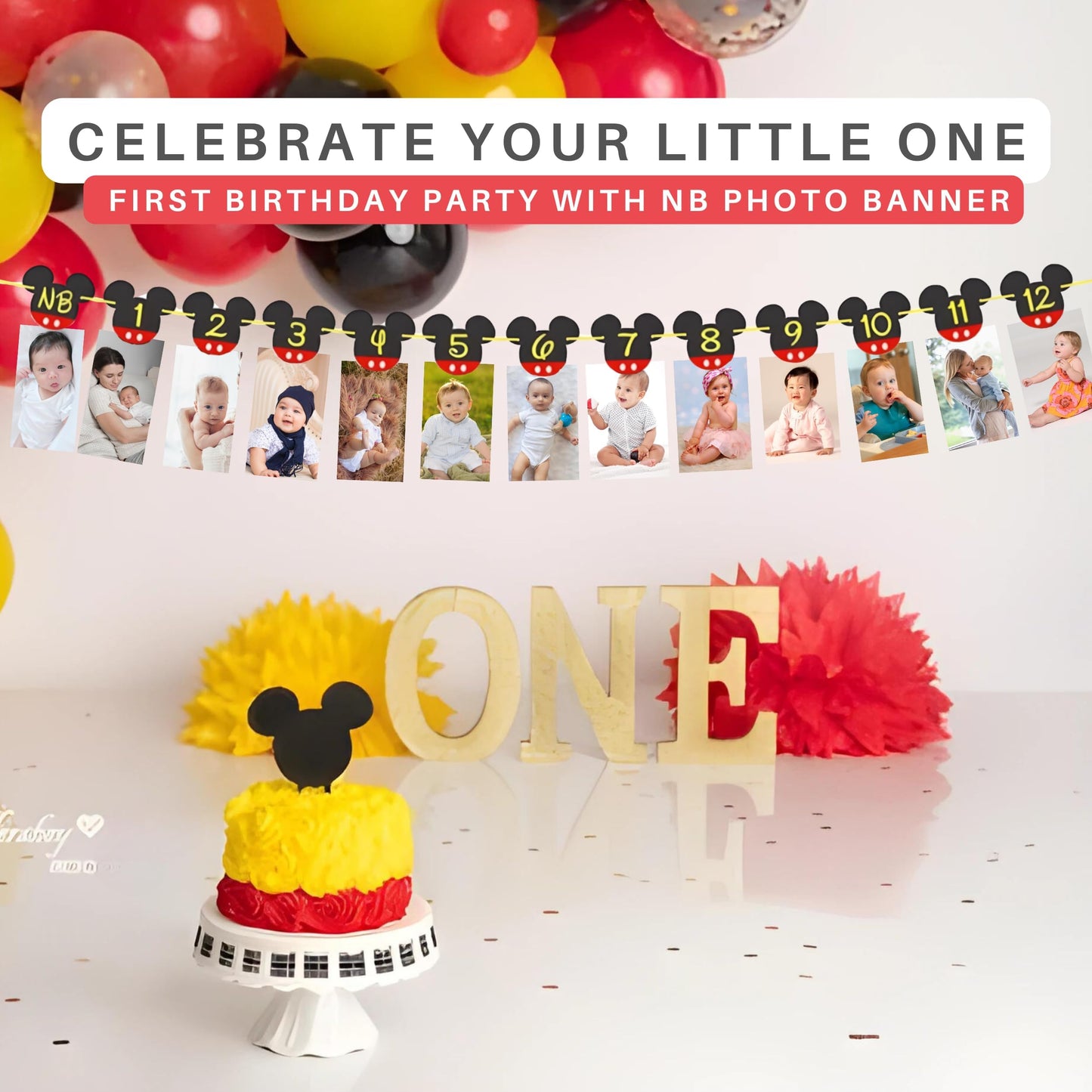 Mickey 1st Birthday Photo Banner - New Born to 12 Month First Birthday Banner - Mickey 1st Birthdays Decorations - Boy First Birthdays Decorations