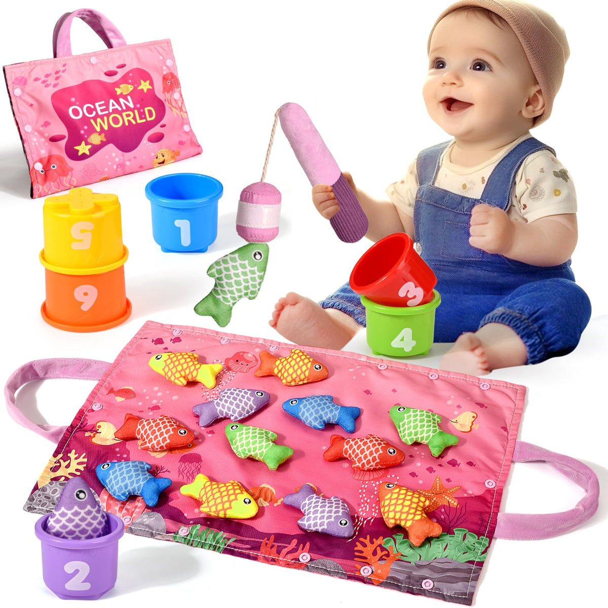 BAHIAKLO Montessori Toys for 1 Year Old Girl Gifts, Pink Cloth Fishing Toy for Toddler 1-3, Fine Motor Skills Toy Sorting Learning Baby Toys 6-12-18