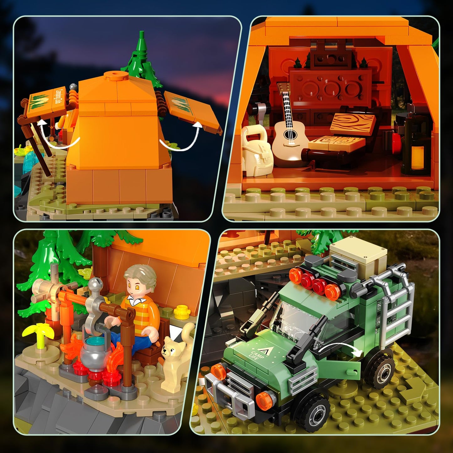 Mountain Camping Building Set with Light, Outdoor Adventure Scene Toy with Camp, Tent, Camper Van, Campfirre, Creative Home Decor & Display, Xmas